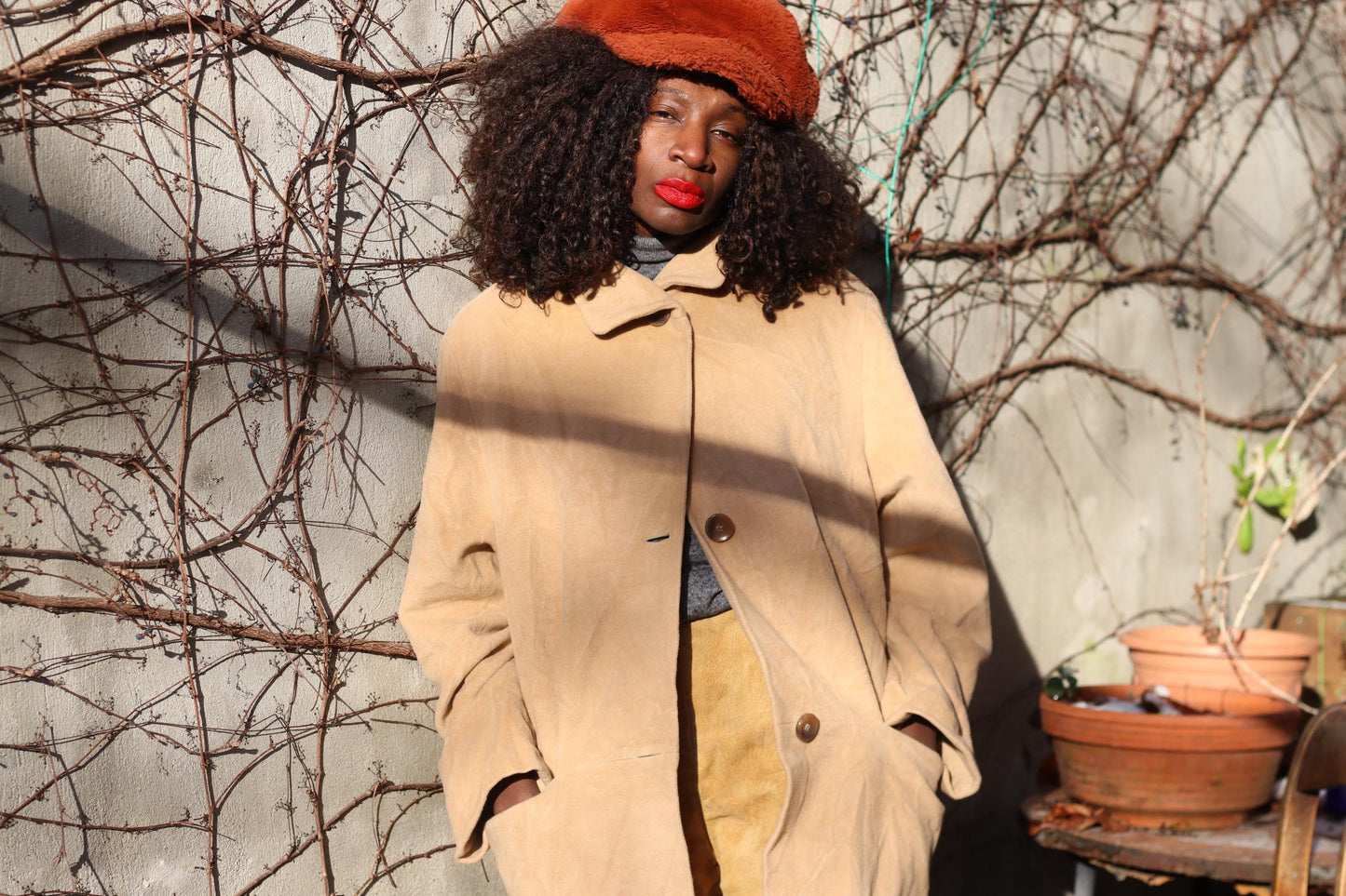Vintage Camel Wool Angora Blend Coat| Mid Length Minimalism Overcoat |Brown Jacket S-M