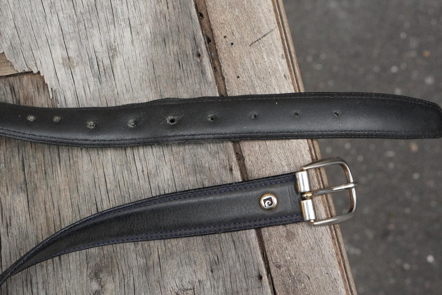 Vintage Pierre Cardin Leather Belt Designer Logo Buckle Charcoal Grey