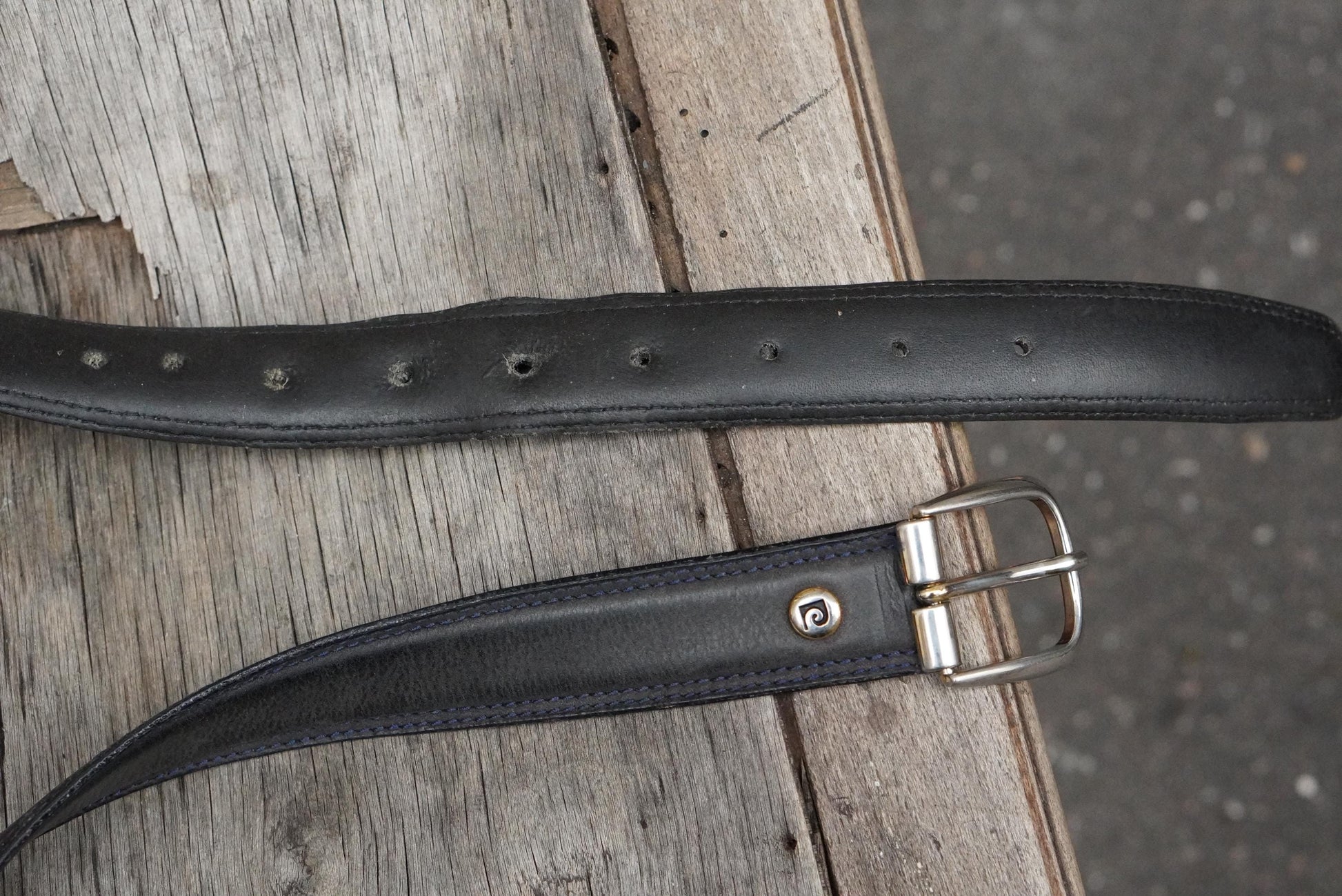 Vintage Pierre Cardin Leather Belt Designer Logo Buckle Charcoal Grey