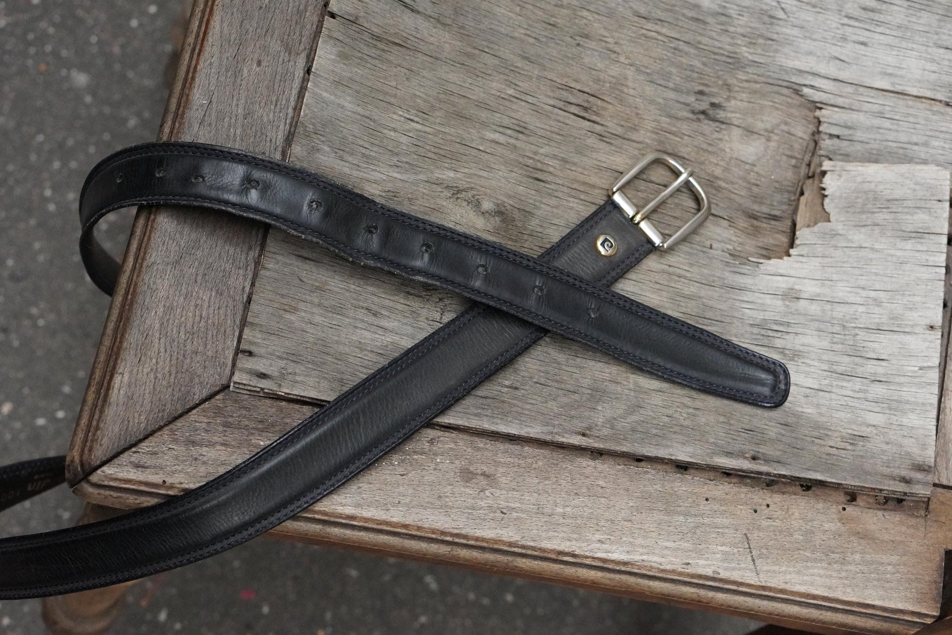 Vintage Pierre Cardin Leather Belt Designer Logo Buckle Charcoal Grey