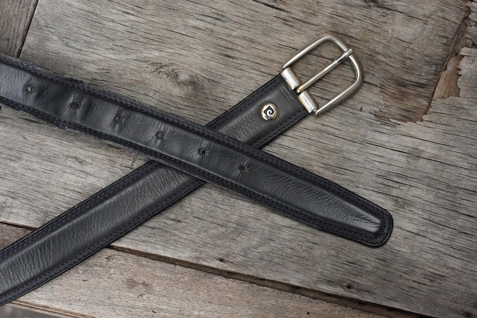 Vintage Pierre Cardin Leather Belt Designer Logo Buckle Charcoal Grey