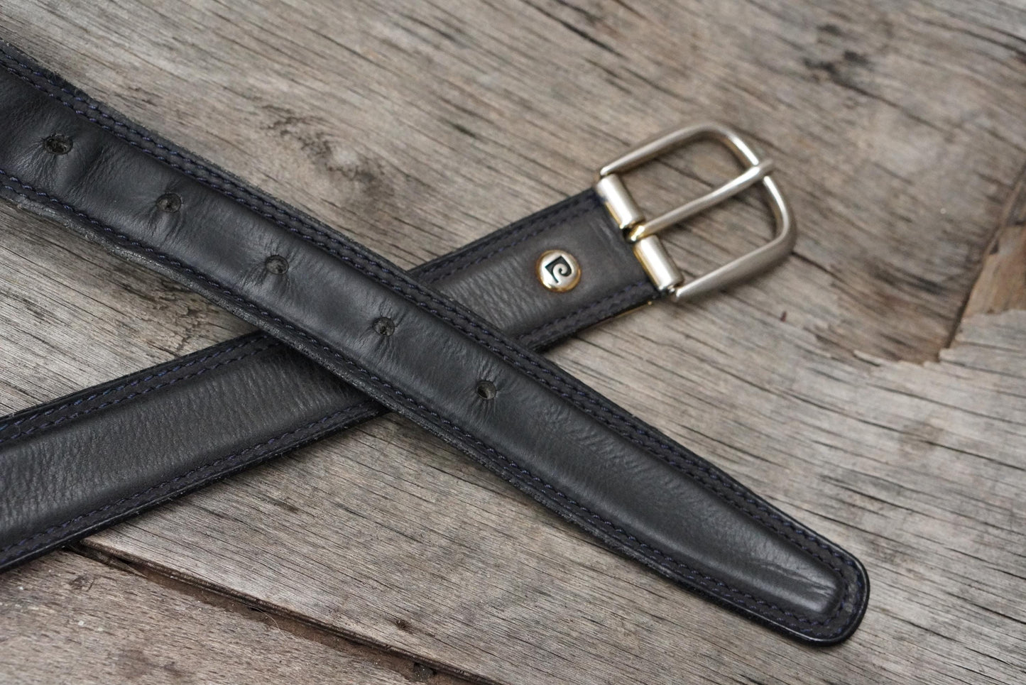 Vintage Pierre Cardin Leather Belt Designer Logo Buckle Charcoal Grey