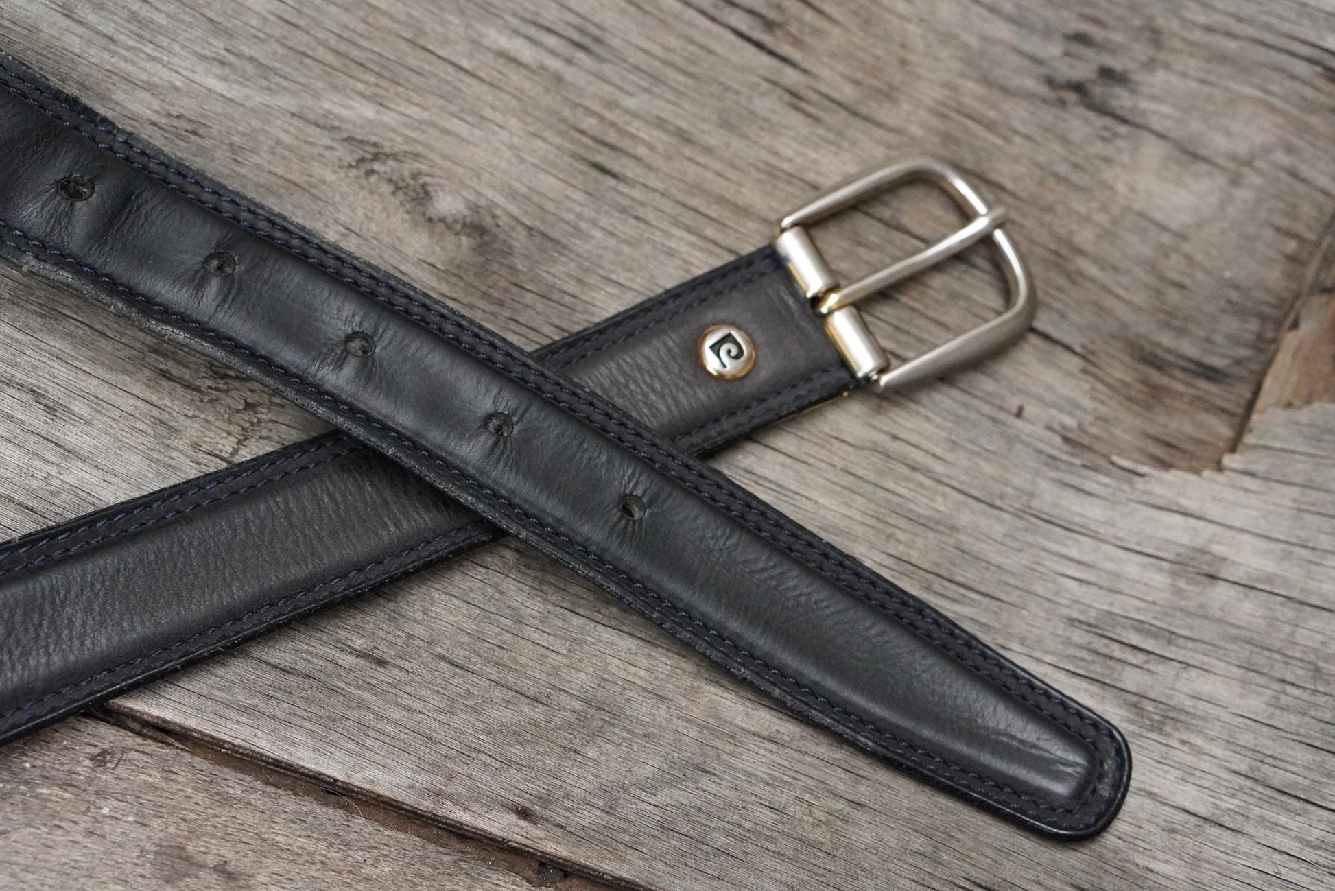 Vintage Pierre Cardin Leather Belt Designer Logo Buckle Charcoal Grey