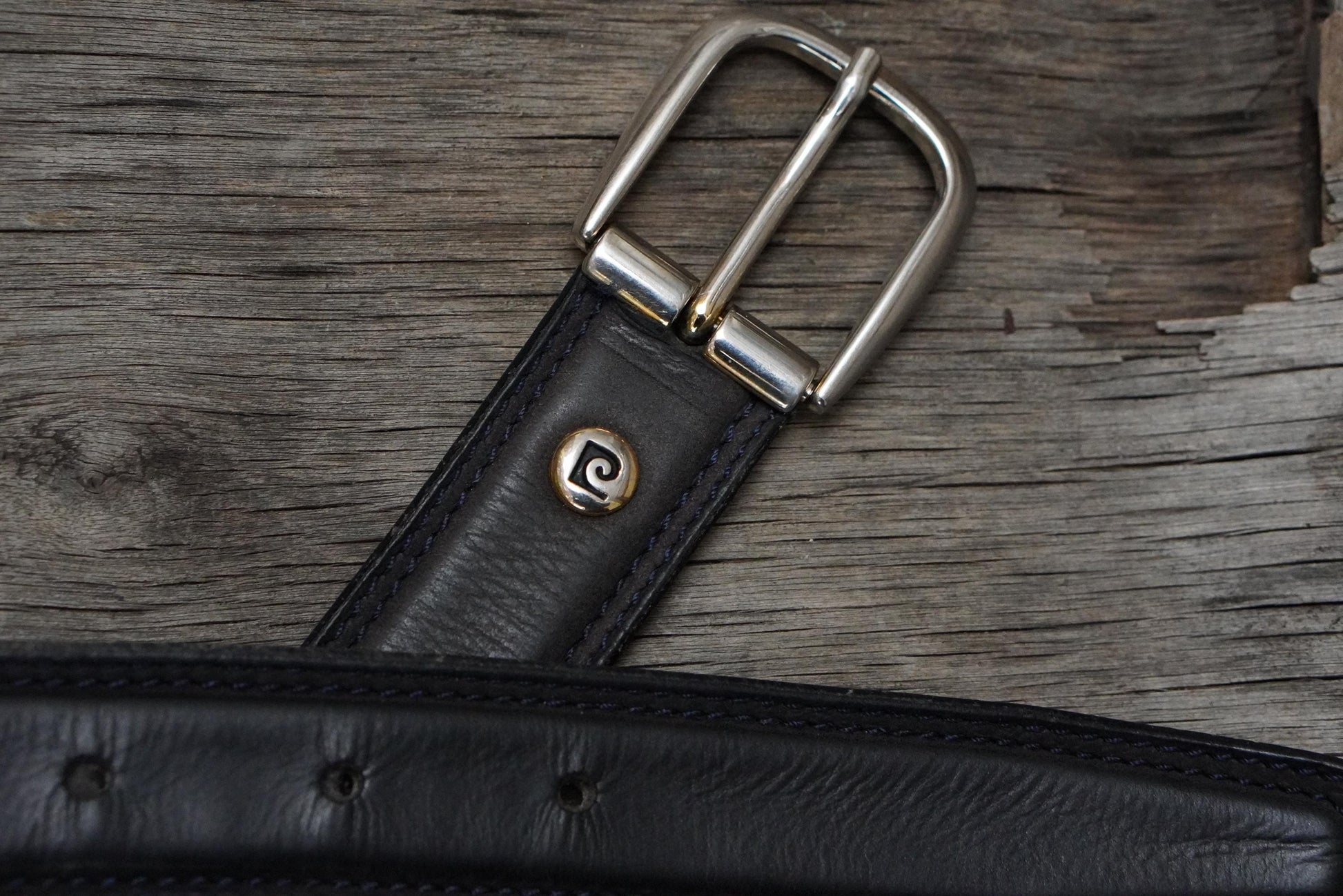 Vintage Pierre Cardin Leather Belt Designer Logo Buckle Charcoal Grey