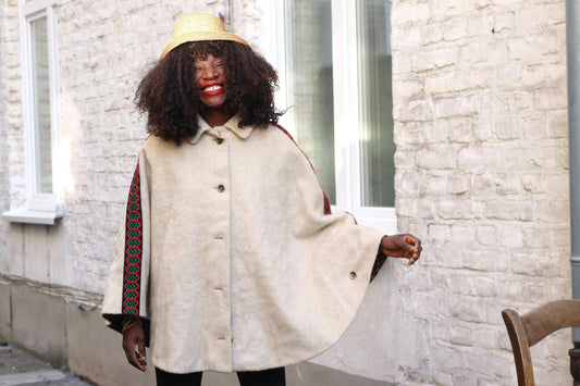 Vintage Mohair Wool Cape Cream Folk Embroidered Trim 60s 70s Poncho Coat