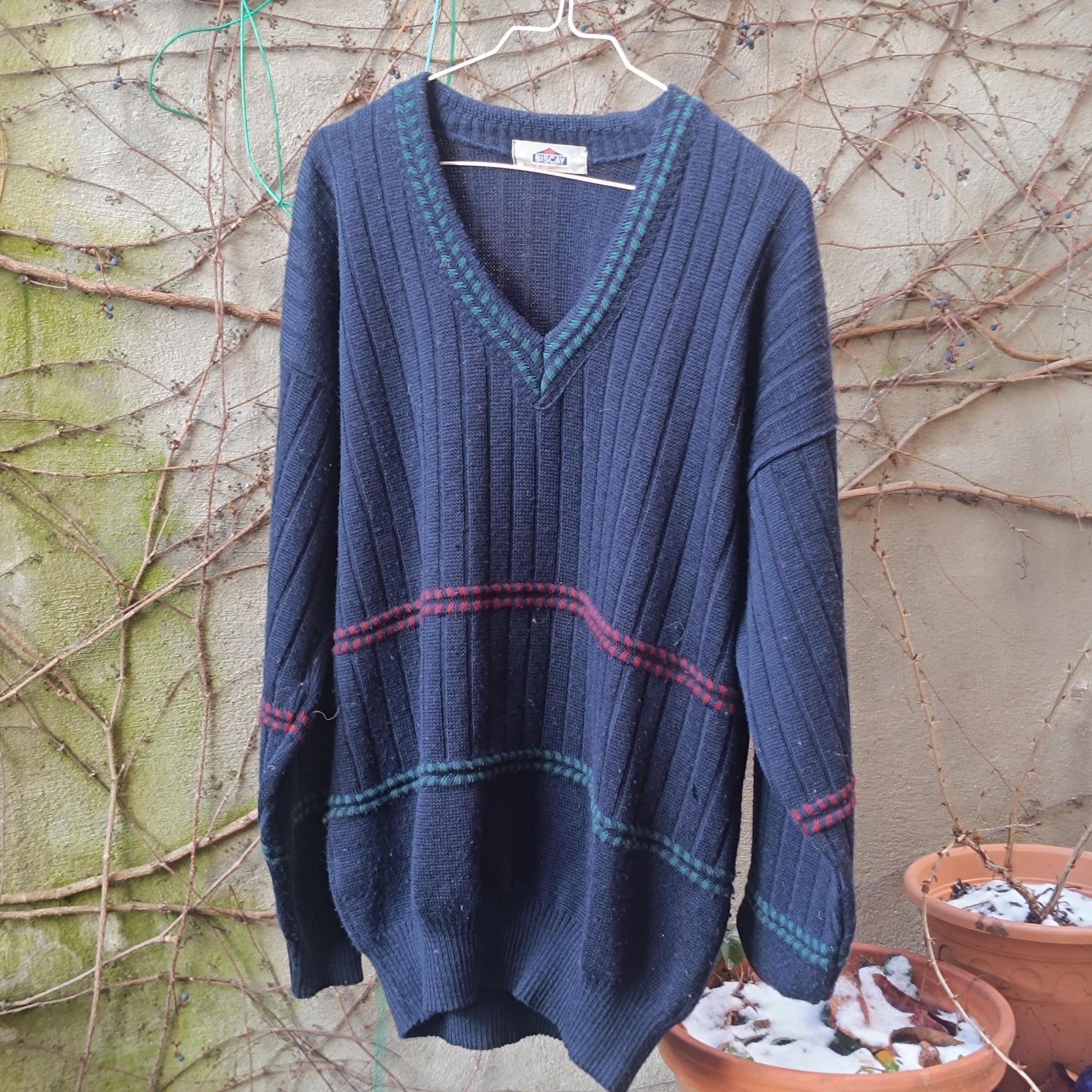 Vintage V-Neck Sweater| 90s Oversized Unisex Preppy Knit Jumper| Striped Winter Pullover