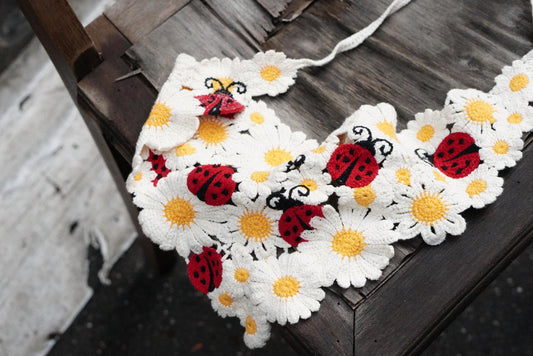Vintage Crochet Daisy Bandana with Ladybugs | Handmade Flower Hair Kerchief Cottagecore Wrap