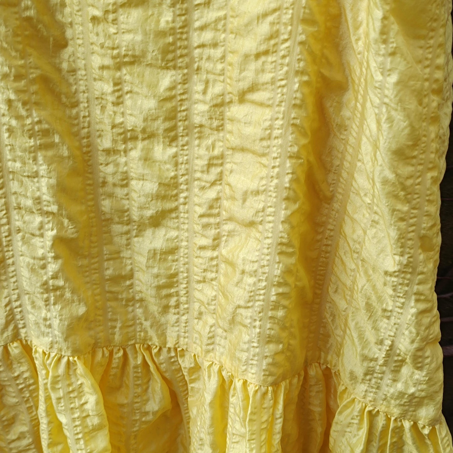 Vintage Bright Yellow Crinkle Maxi Dress Tiered Ruffle A-Line Slip S/M