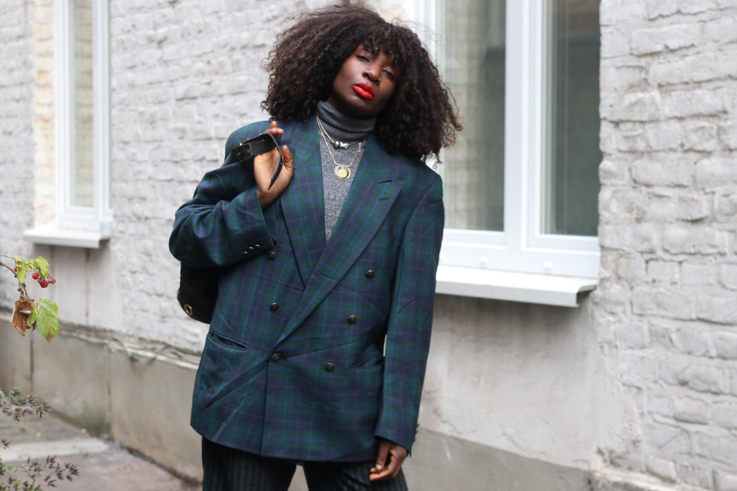 Vintage Odyssee Plaid Blazer| 90s Wool Double Breasted Green Blue Tartan Oversized Jacket