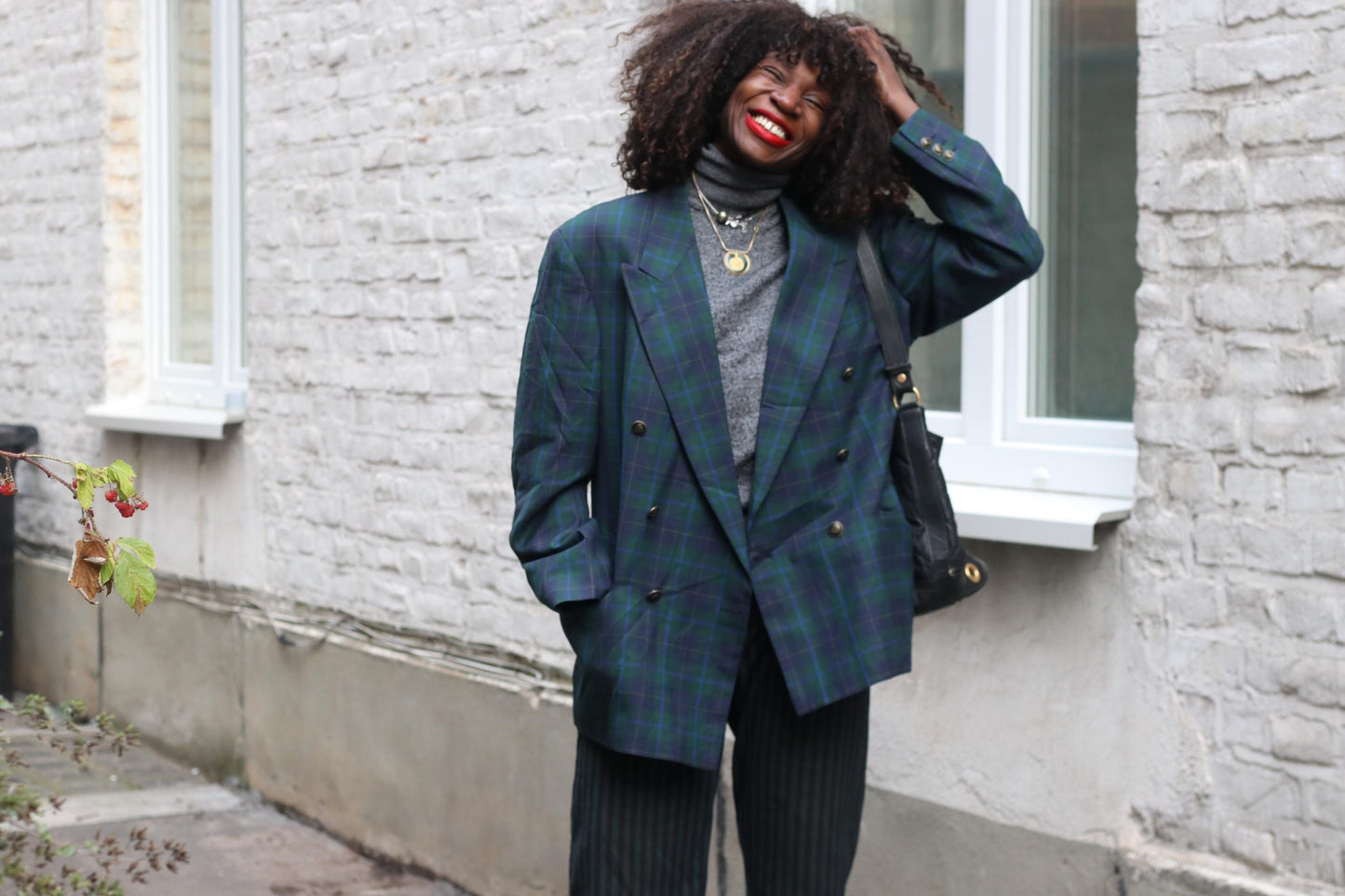 Vintage Odyssee Plaid Blazer| 90s Wool Double Breasted Green Blue Tartan Oversized Jacket