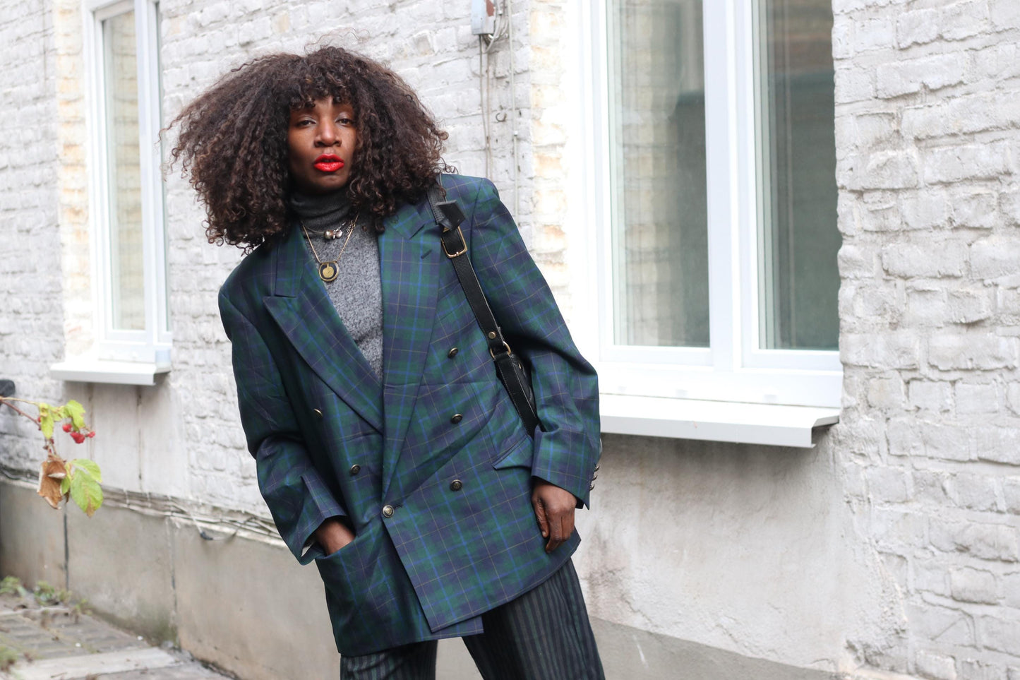 Vintage Odyssee Plaid Blazer| 90s Wool Double Breasted Green Blue Tartan Oversized Jacket