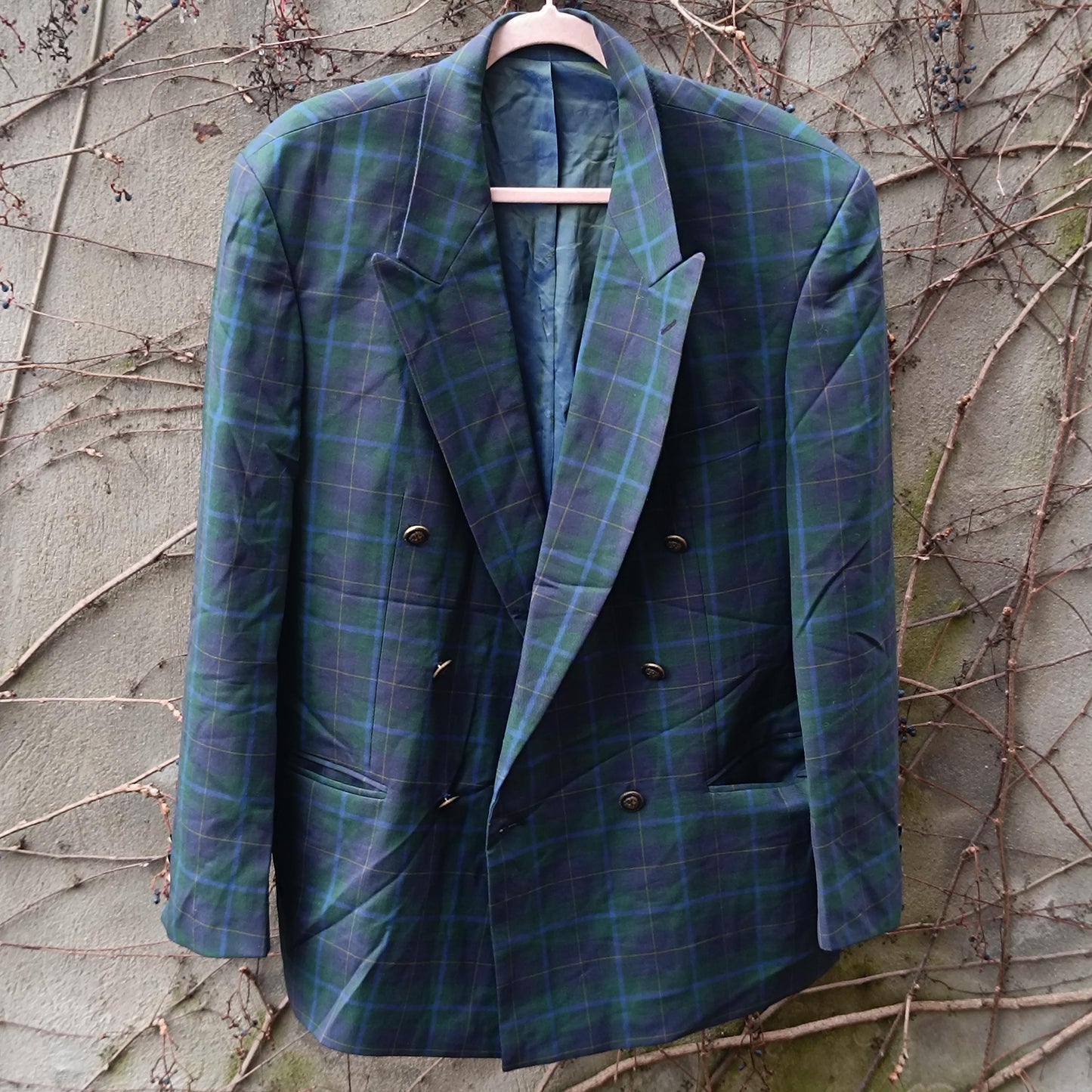 Vintage Odyssee Plaid Blazer| 90s Wool Double Breasted Green Blue Tartan Oversized Jacket