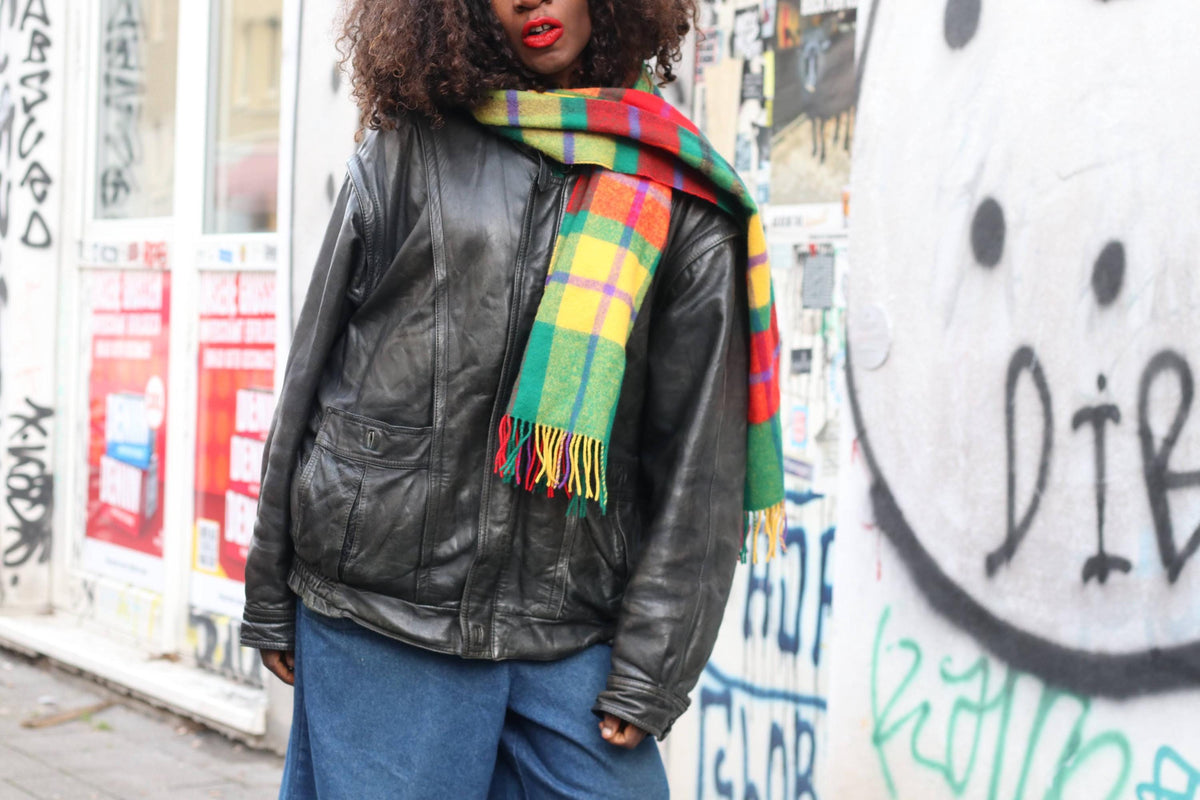 Plaid Wool Scarf - 90s Vintage Tartan Winter Wrap - Green Red One Size