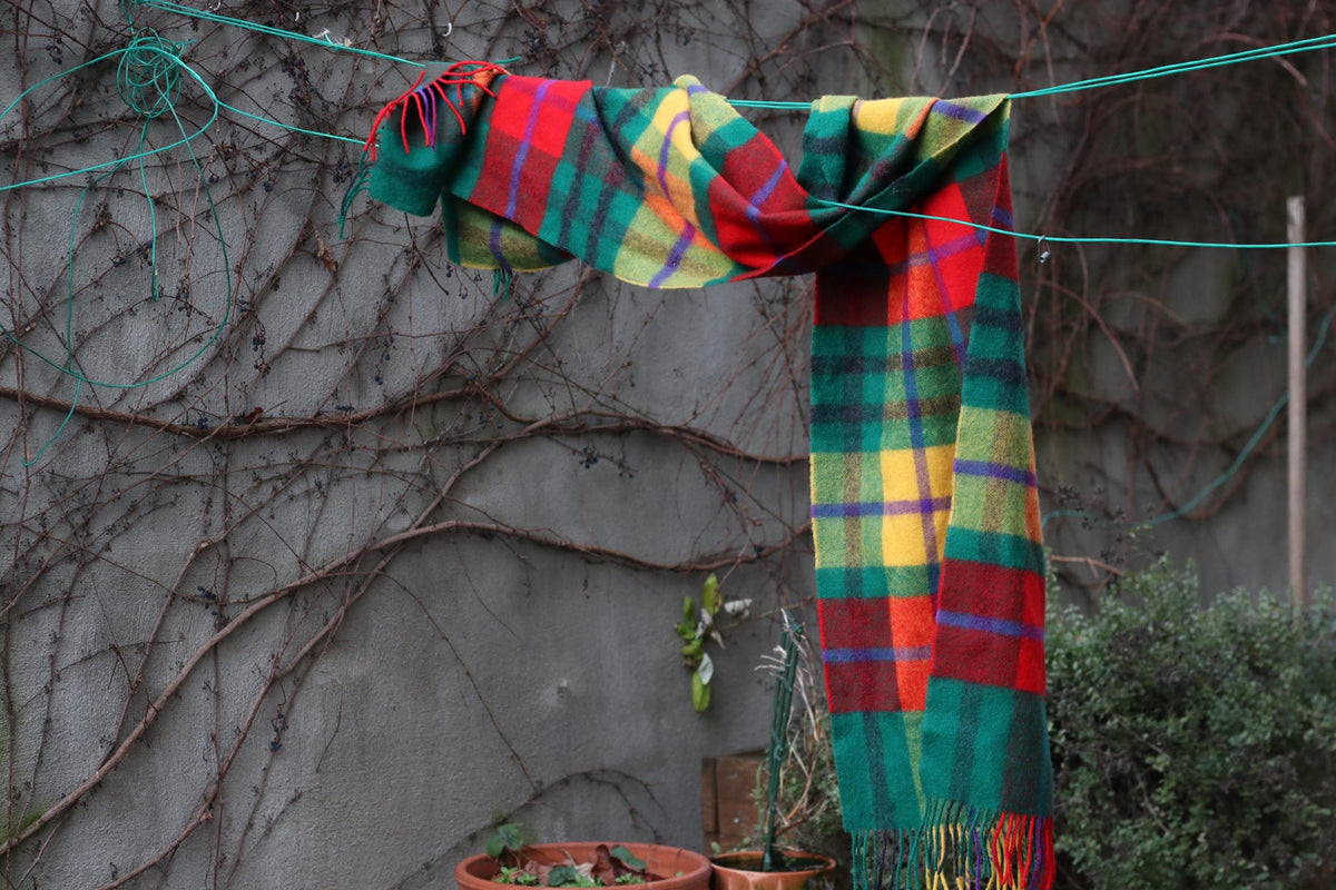 Plaid Wool Scarf - 90s Vintage Tartan Winter Wrap - Green Red One Size