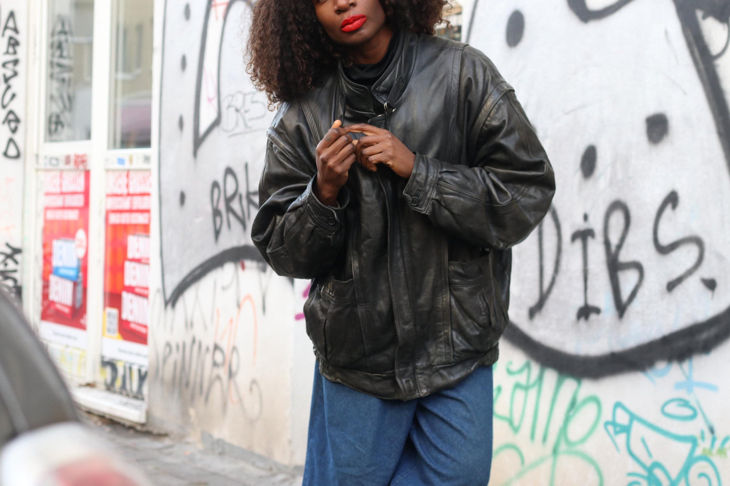 Vintage Black Leather Jacket| 80s Streetwear Baggy Moto Coat