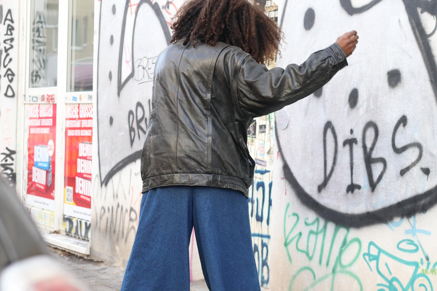 Vintage Black Leather Jacket| 80s Streetwear Baggy Moto Coat