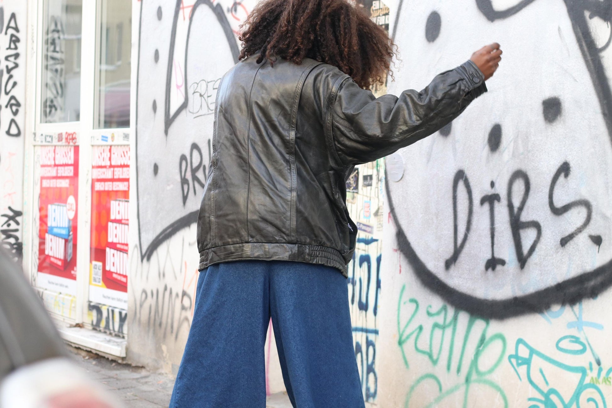 Vintage Black Leather Jacket| 80s Streetwear Baggy Moto Coat