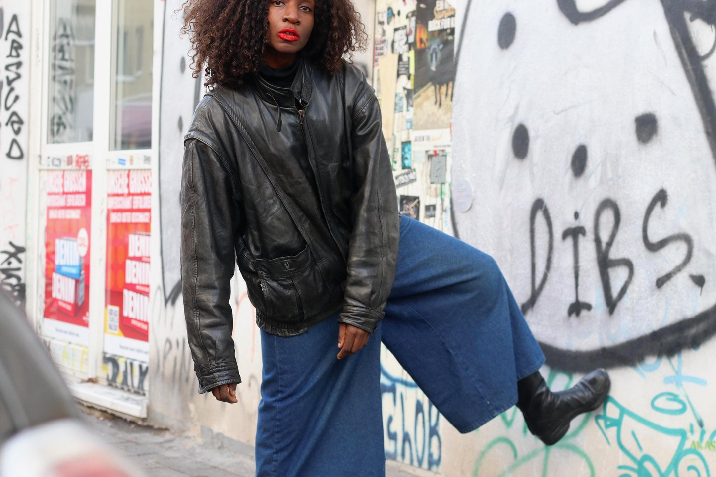 Vintage Black Leather Jacket| 80s Streetwear Baggy Moto Coat