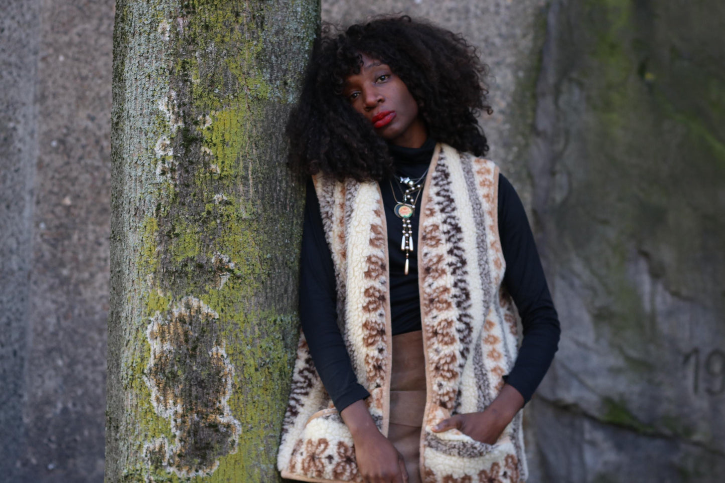 Vintage Boho Sherpa Vest Patterned Fleece Gilet Cream Brown Bohemian Waistcoat