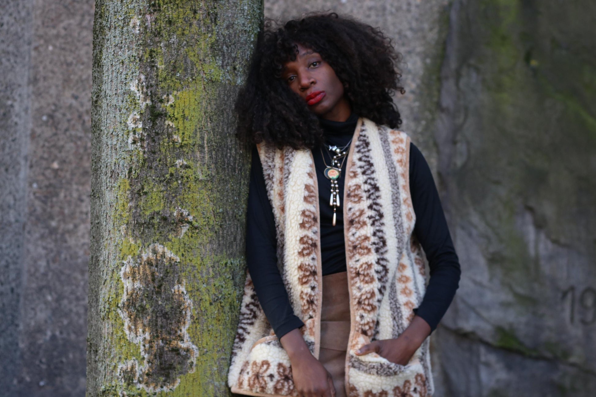 Vintage Boho Sherpa Vest Patterned Fleece Gilet Cream Brown Bohemian Waistcoat