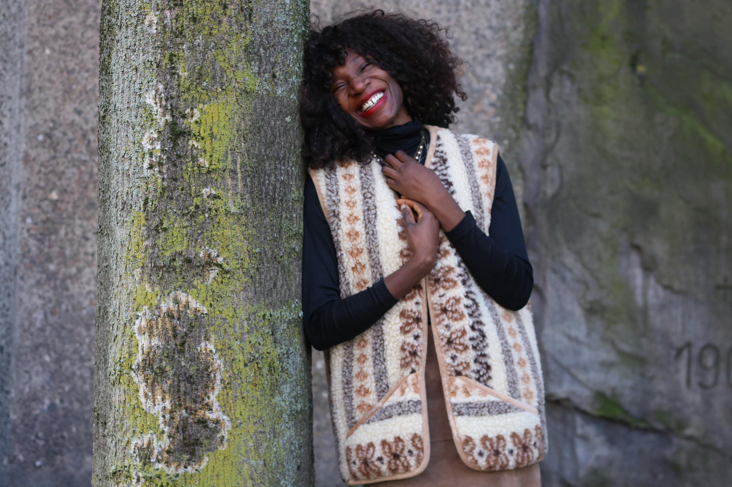 Vintage Boho Sherpa Vest Patterned Fleece Gilet Cream Brown Bohemian Waistcoat