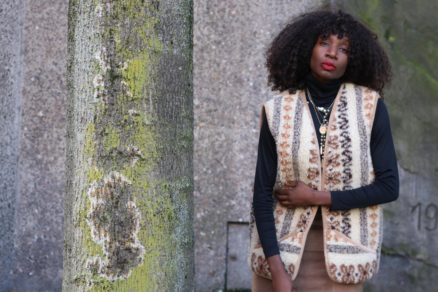 Vintage Boho Sherpa Vest Patterned Fleece Gilet Cream Brown Bohemian Waistcoat