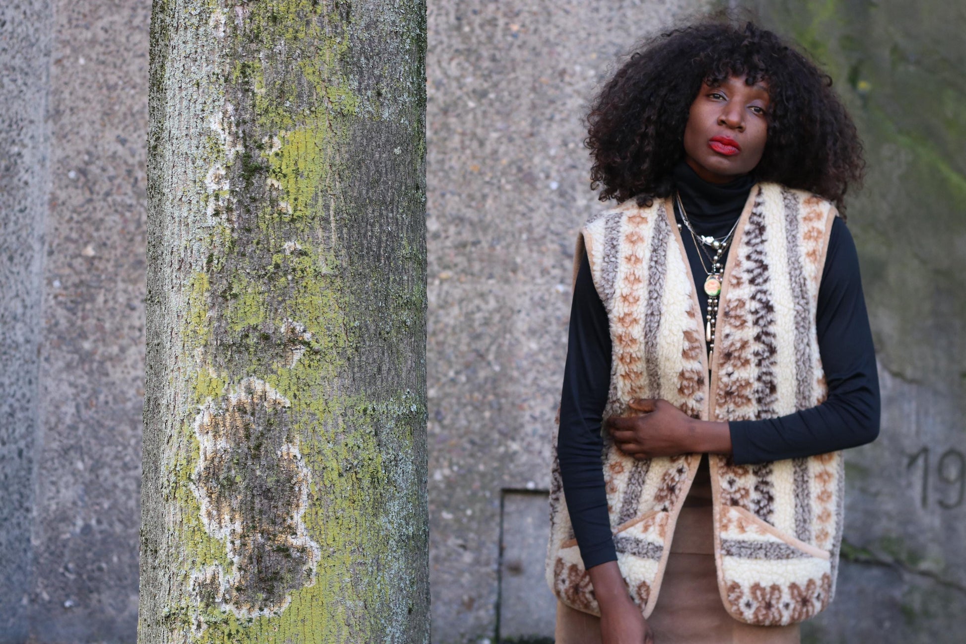 Vintage Boho Sherpa Vest Patterned Fleece Gilet Cream Brown Bohemian Waistcoat