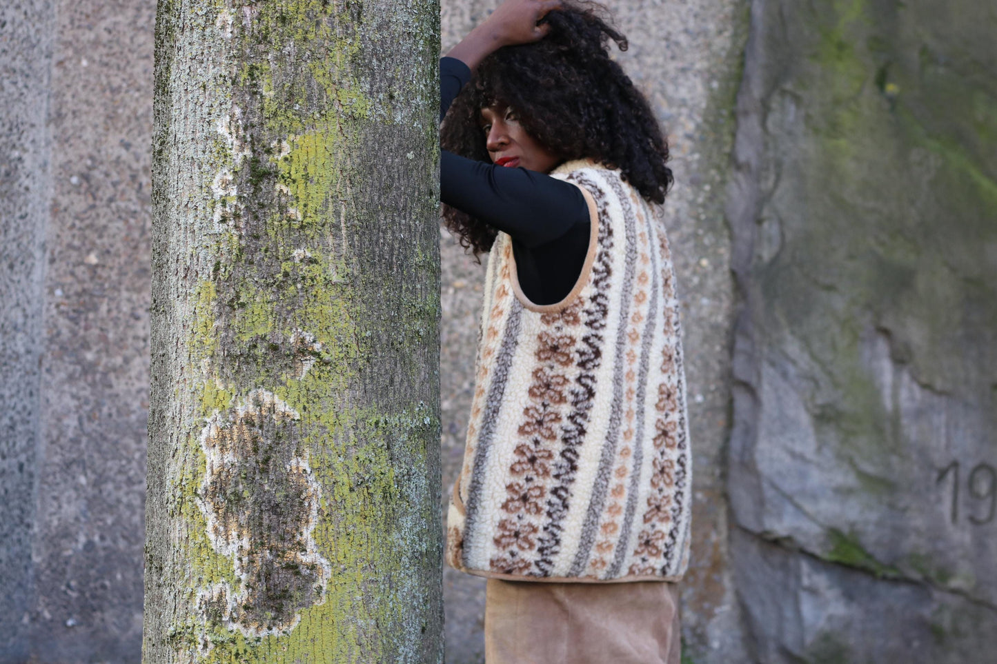 Vintage Boho Sherpa Vest Patterned Fleece Gilet Cream Brown Bohemian Waistcoat