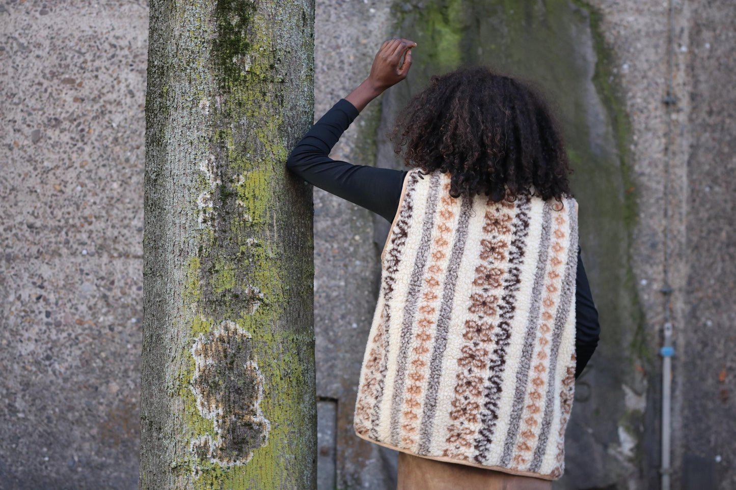 Vintage Boho Sherpa Vest Patterned Fleece Gilet Cream Brown Bohemian Waistcoat