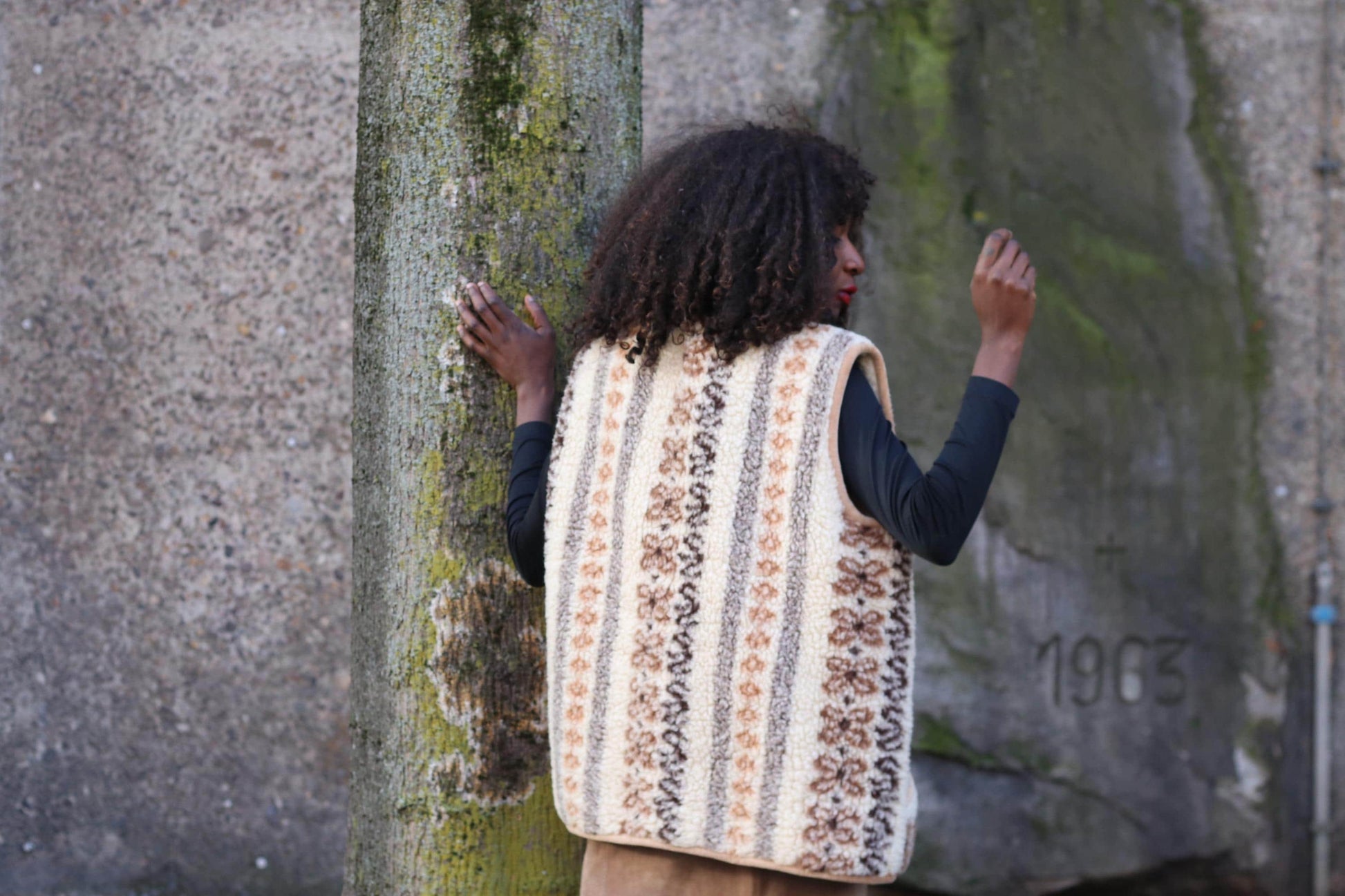 Vintage Boho Sherpa Vest Patterned Fleece Gilet Cream Brown Bohemian Waistcoat