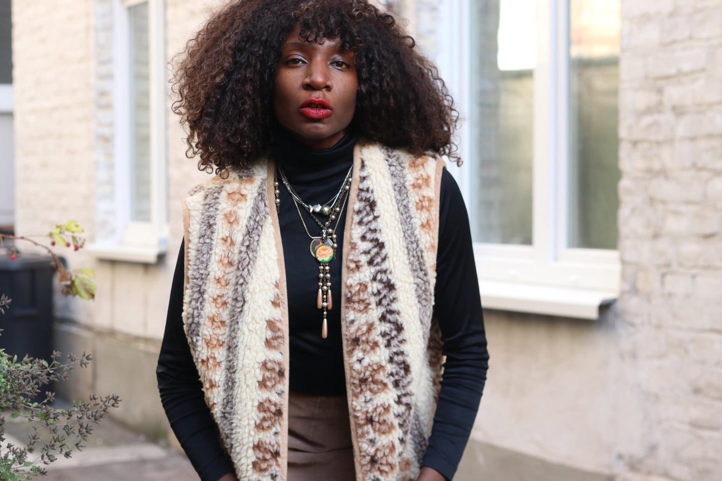 Vintage Boho Sherpa Vest Patterned Fleece Gilet Cream Brown Bohemian Waistcoat