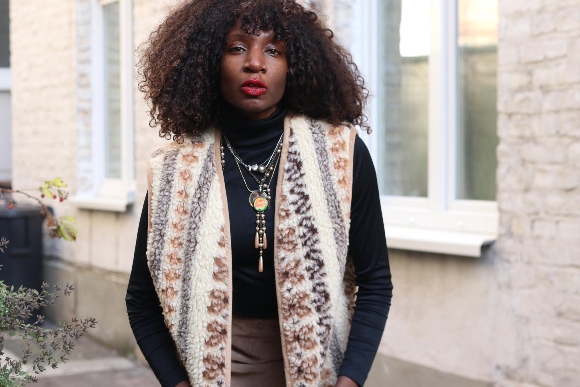 Vintage Boho Sherpa Vest Patterned Fleece Gilet Cream Brown Bohemian Waistcoat