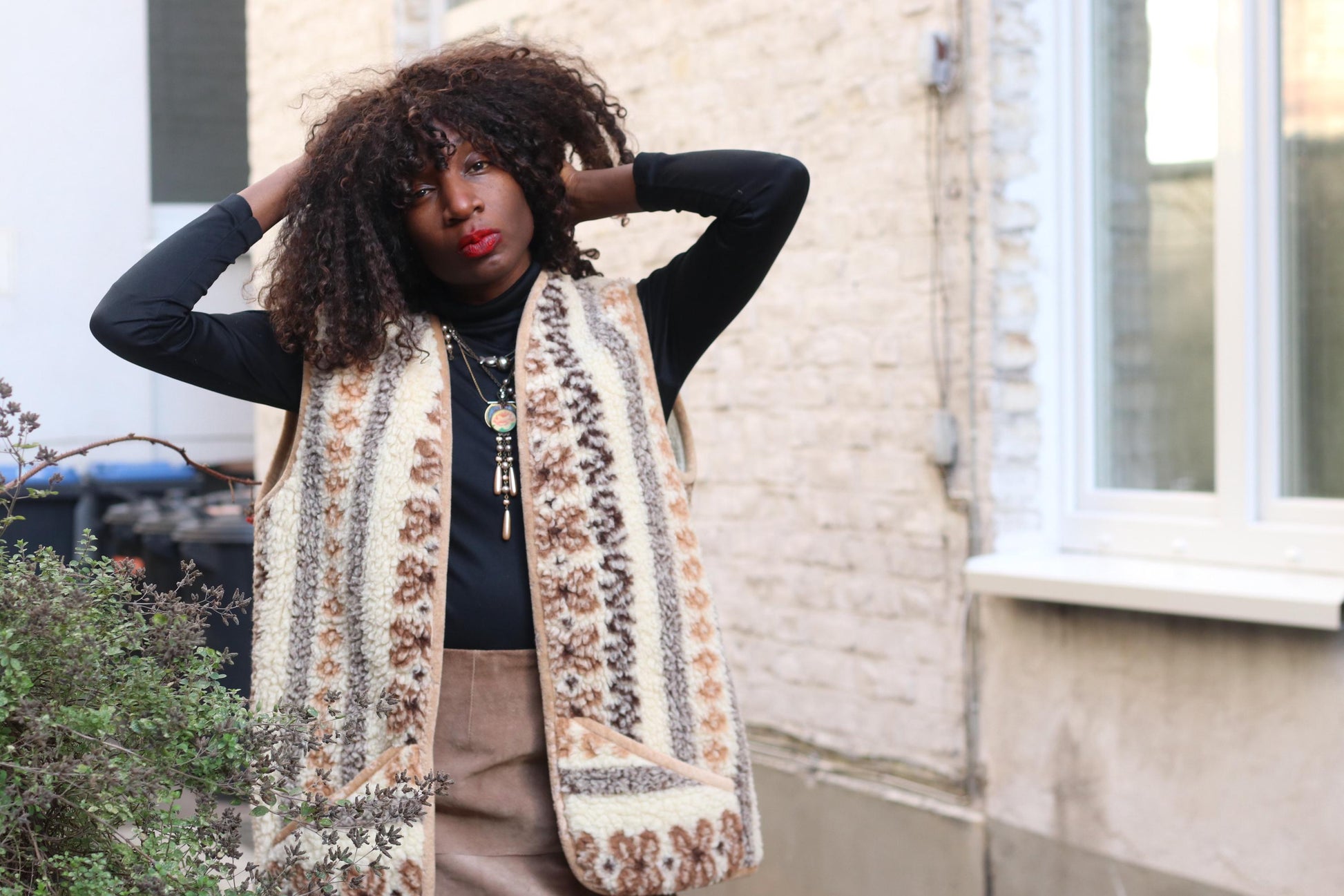 Vintage Boho Sherpa Vest Patterned Fleece Gilet Cream Brown Bohemian Waistcoat