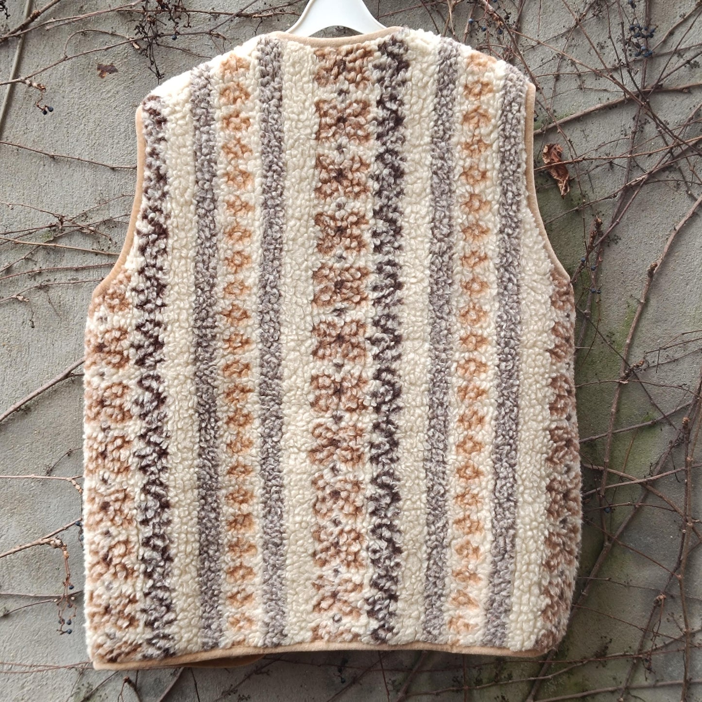 Vintage Boho Sherpa Vest Patterned Fleece Gilet Cream Brown Bohemian Waistcoat