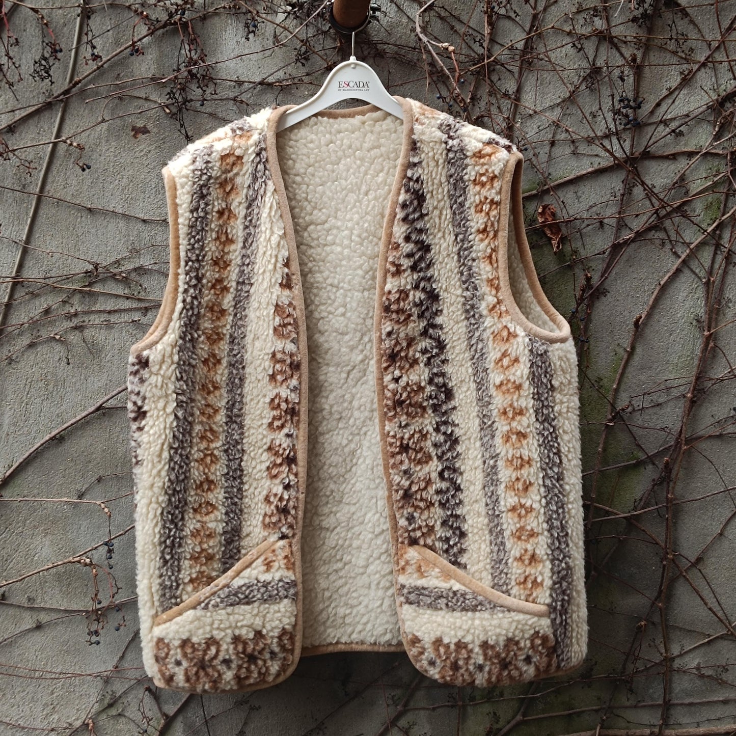 Vintage Boho Sherpa Vest Patterned Fleece Gilet Cream Brown Bohemian Waistcoat