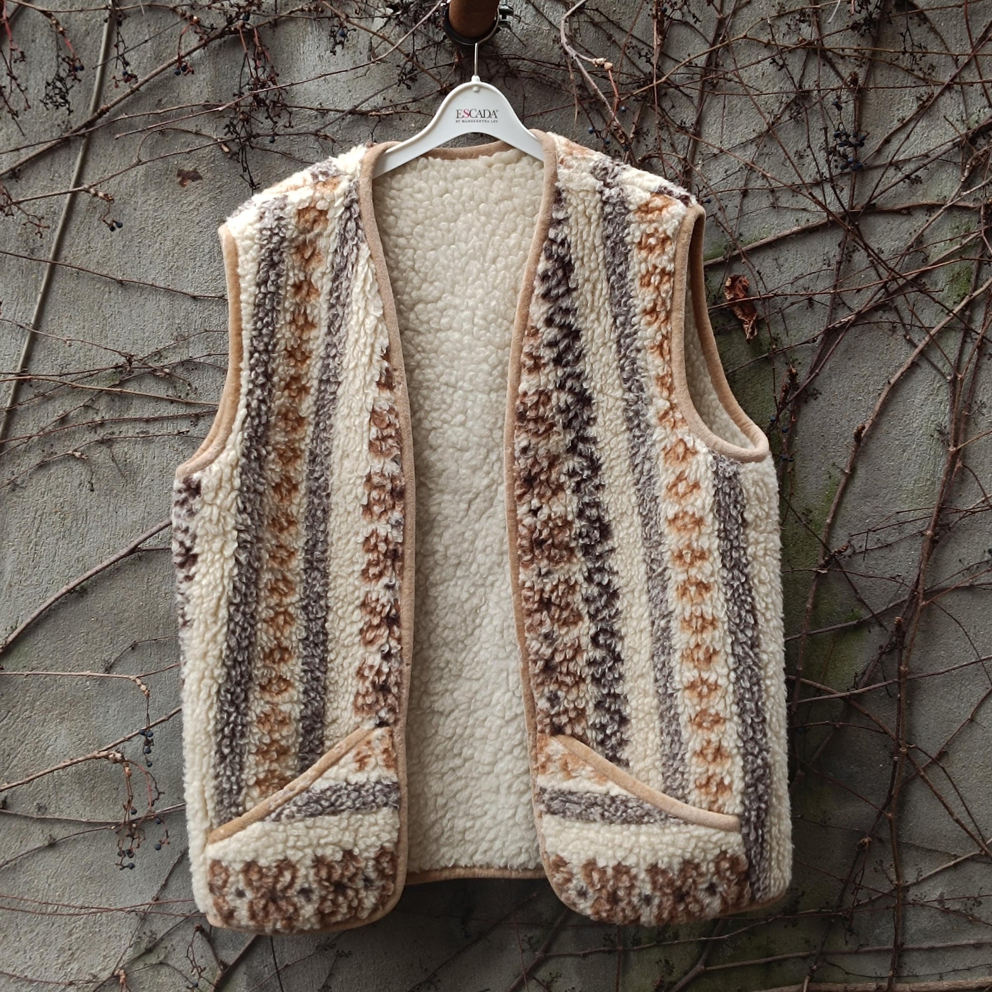 Vintage Boho Sherpa Vest Patterned Fleece Gilet Cream Brown Bohemian Waistcoat
