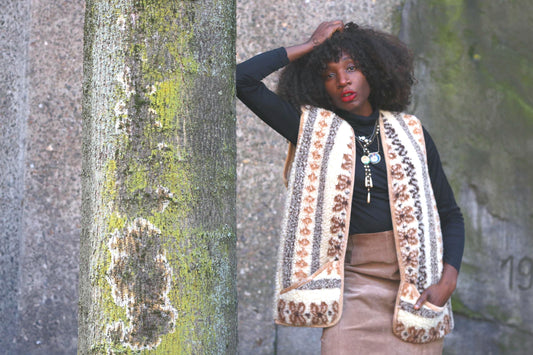 Vintage Boho Sherpa Vest Patterned Fleece Gilet Cream Brown Bohemian Waistcoat