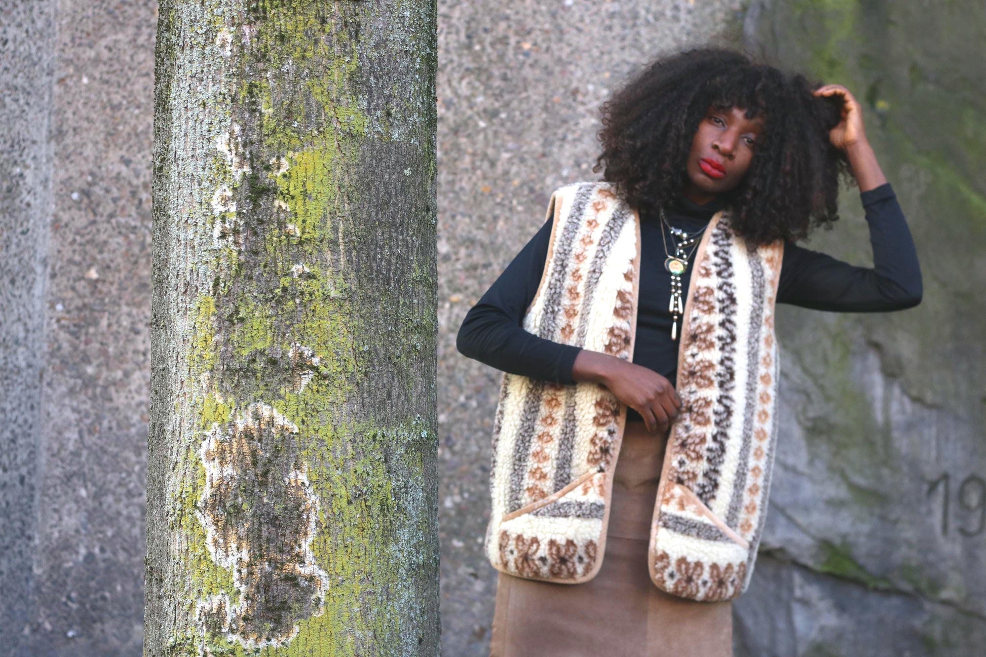 Vintage Boho Sherpa Vest Patterned Fleece Gilet Cream Brown Bohemian Waistcoat