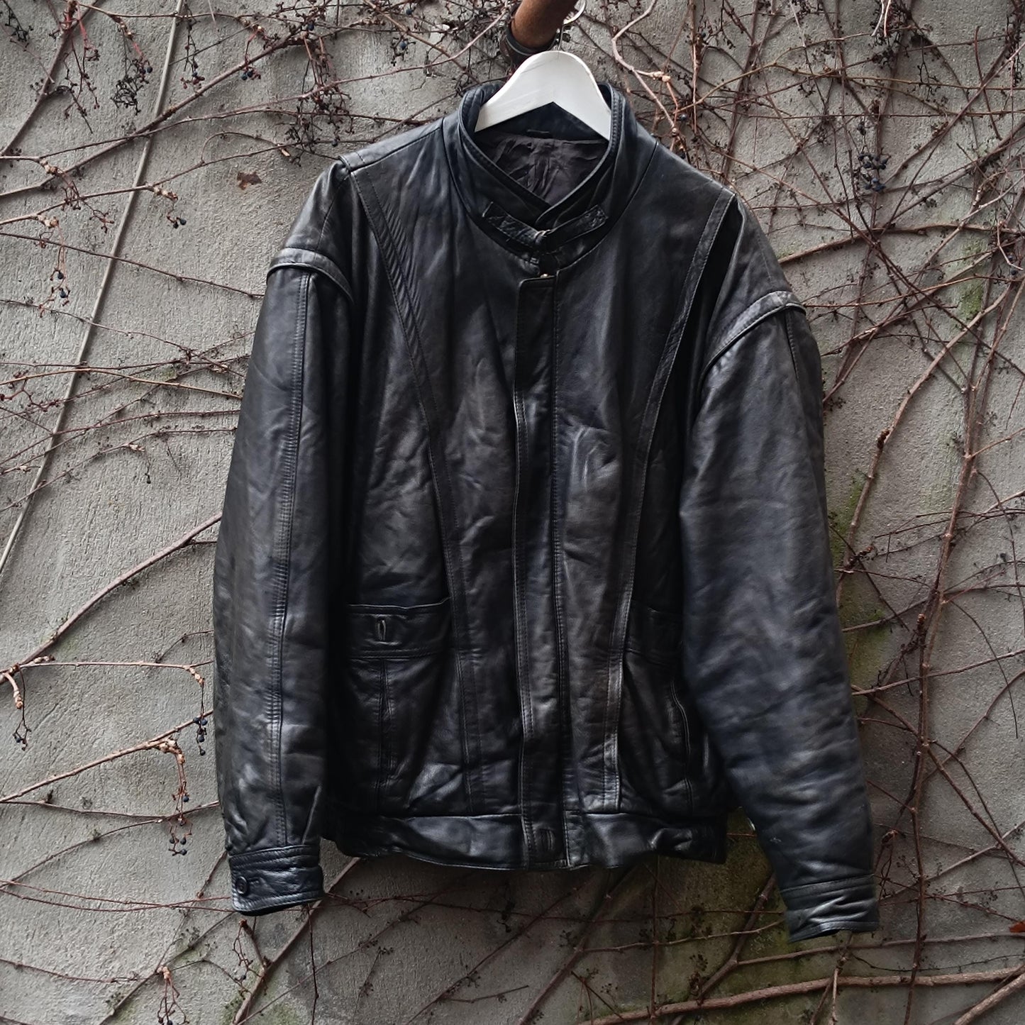 Vintage Black Leather Jacket| 80s Streetwear Baggy Moto Coat