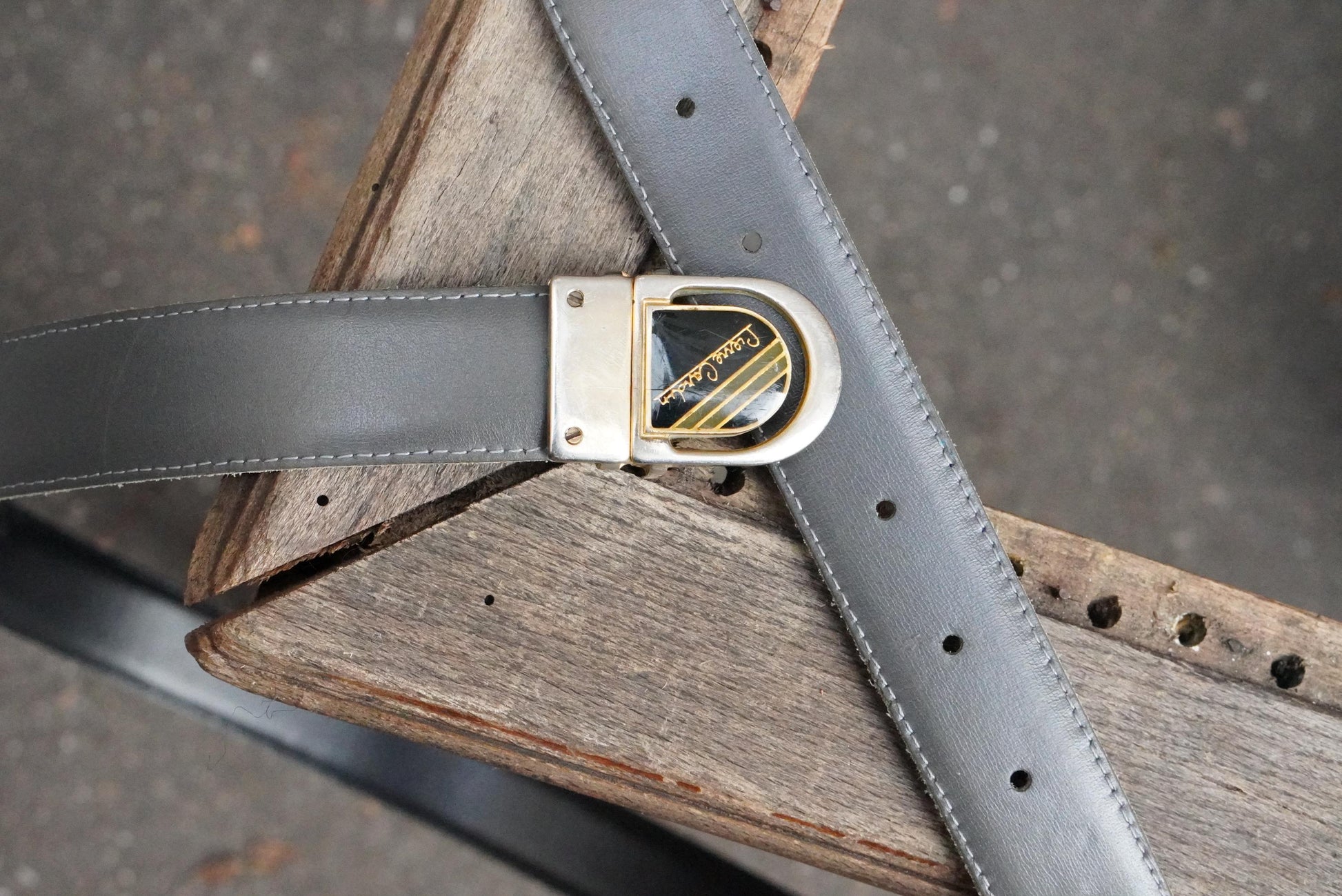 Vintage Pierre Cardin Belt – 1980s Gold Logo Buckle Grey Leather Designer