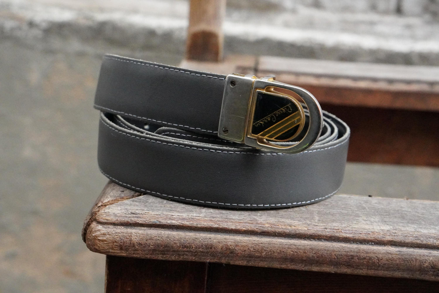 Vintage Pierre Cardin Belt – 1980s Gold Logo Buckle Grey Leather Designer