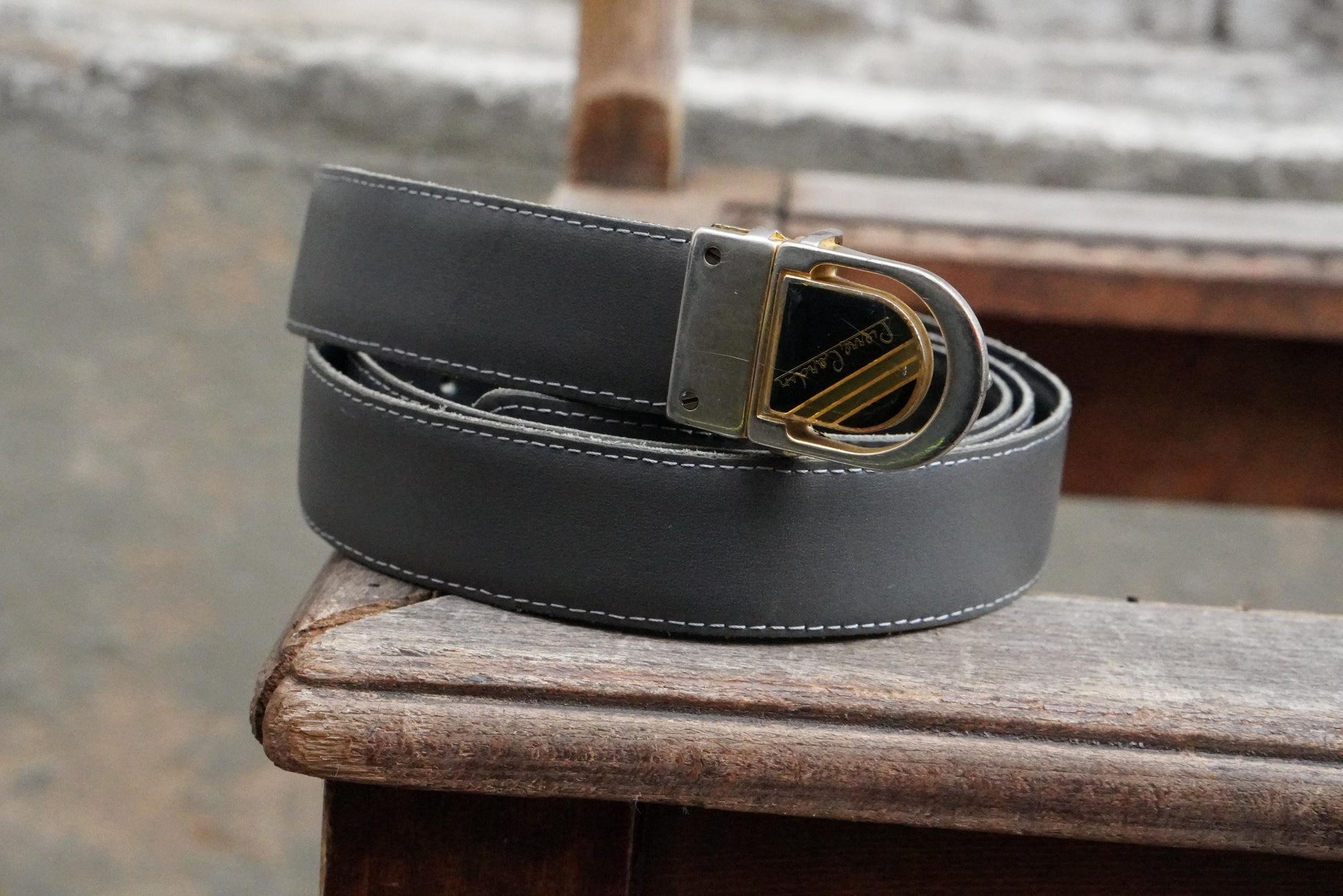 Vintage Pierre Cardin Belt – 1980s Gold Logo Buckle Grey Leather Designer
