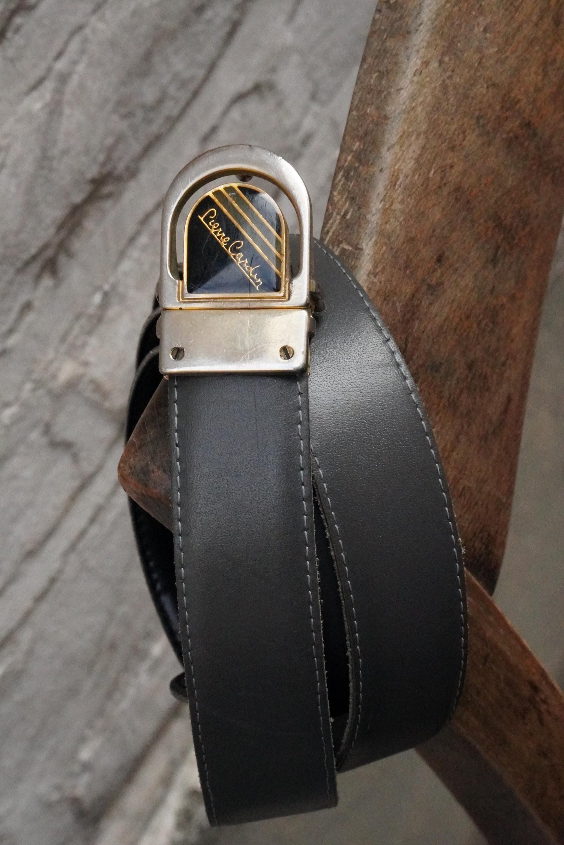 Vintage Pierre Cardin Belt – 1980s Gold Logo Buckle Grey Leather Designer