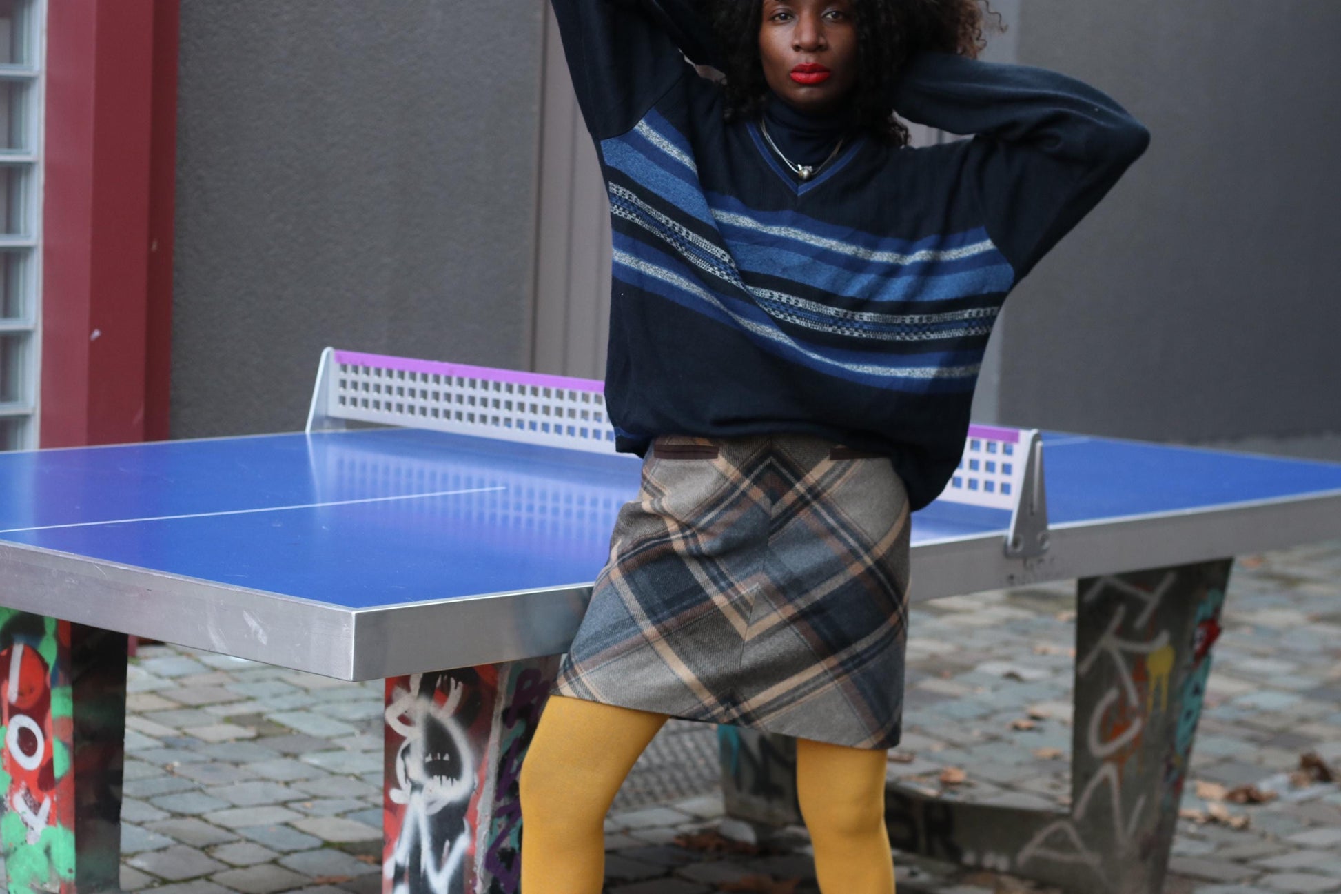 Vintage Navy Striped Sweater Oversized 90s V-Neck Pullover Knit Blue Geometric