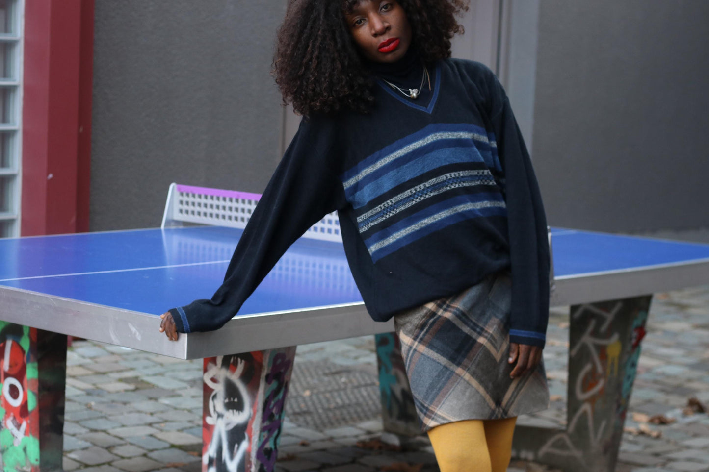 Vintage Navy Striped Sweater Oversized 90s V-Neck Pullover Knit Blue Geometric