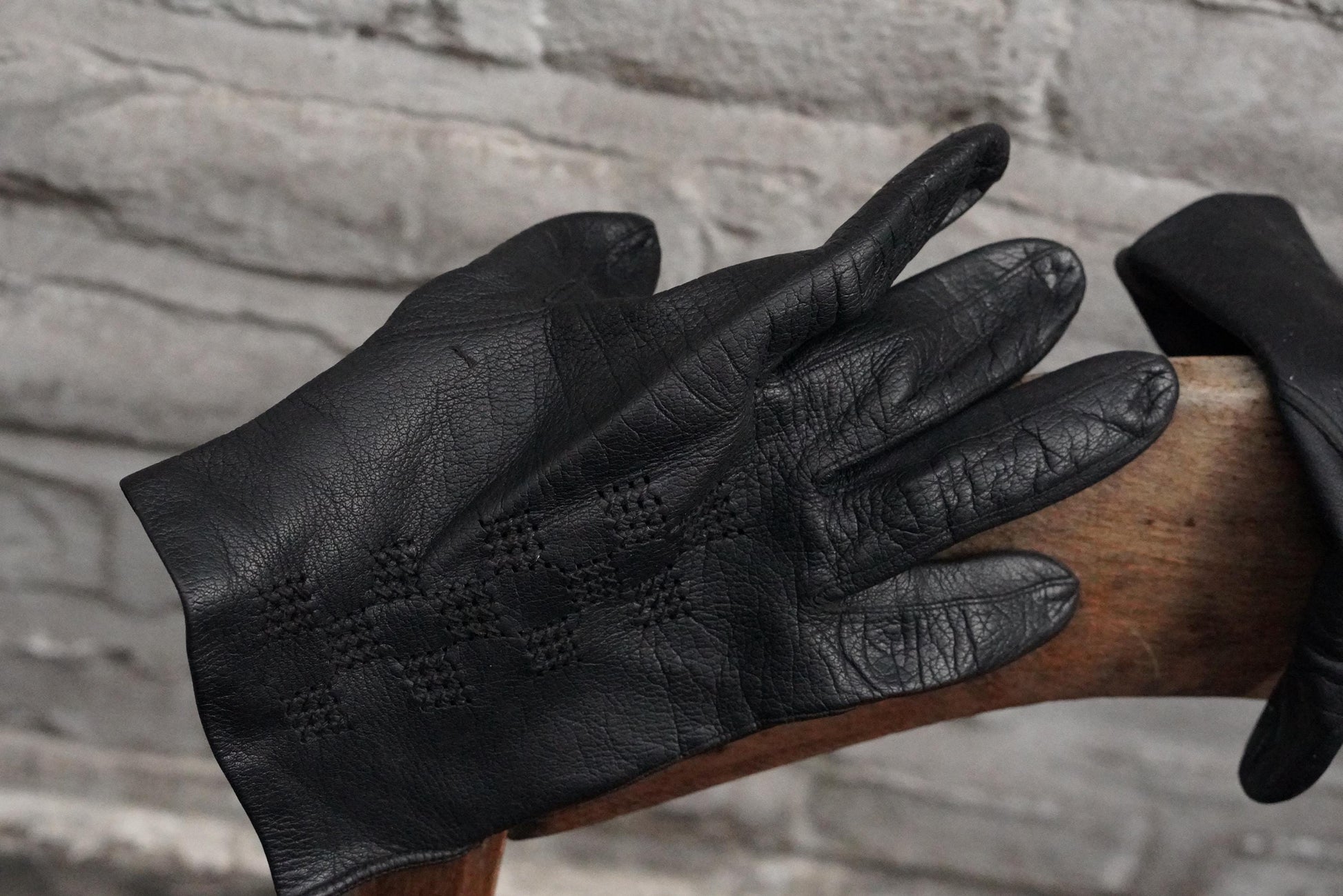 Vintage Black Leather Gloves Embroidered Geometric Pattern Mid Century Unlined Small