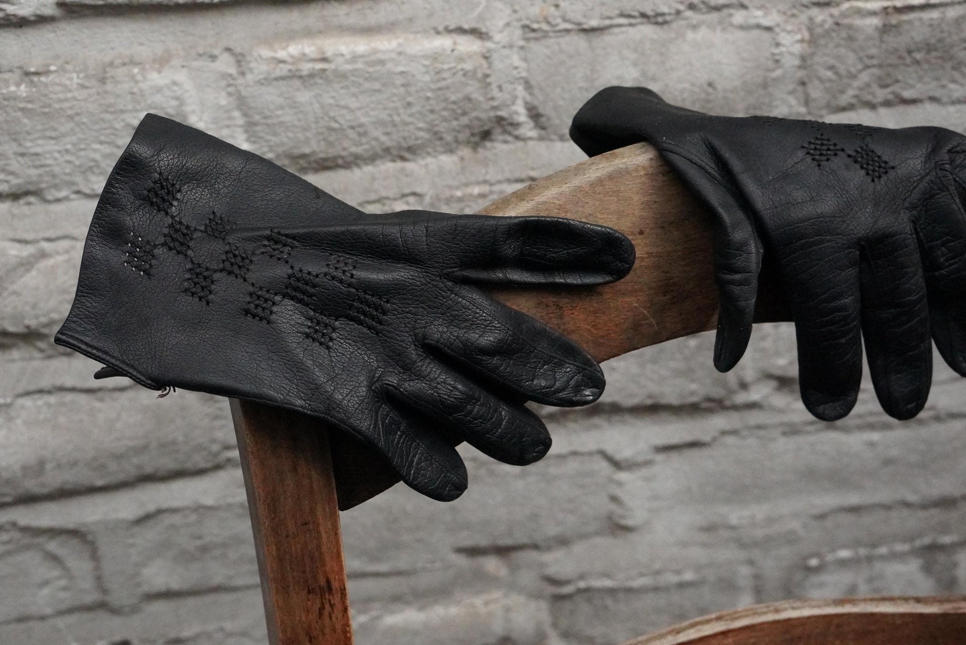 Vintage Black Leather Gloves Embroidered Geometric Pattern Mid Century Unlined Small