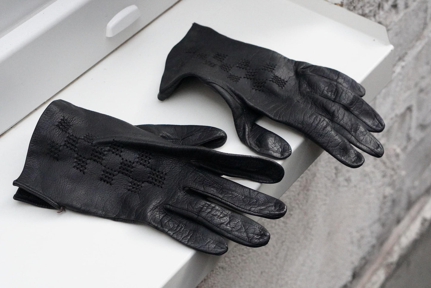 Vintage Black Leather Gloves Embroidered Geometric Pattern Mid Century Unlined Small