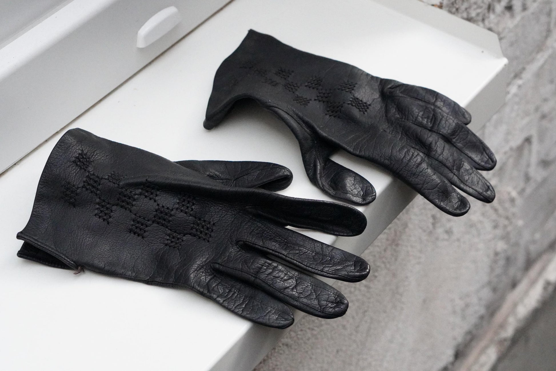 Vintage Black Leather Gloves Embroidered Geometric Pattern Mid Century Unlined Small