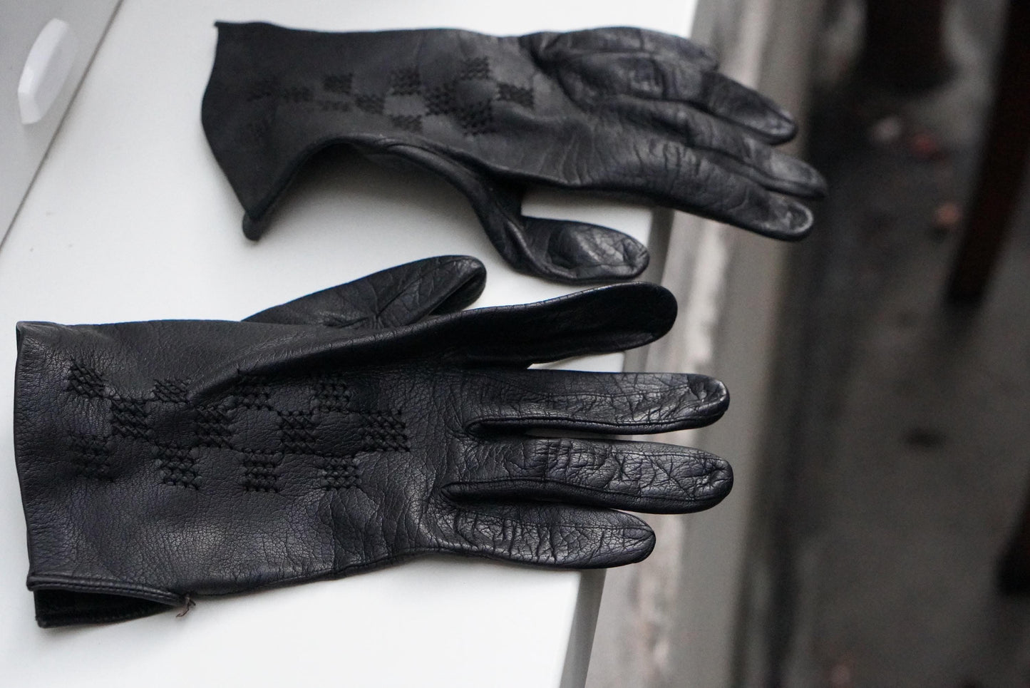 Vintage Black Leather Gloves Embroidered Geometric Pattern Mid Century Unlined Small